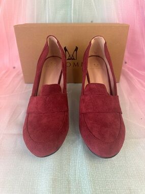 Mollini Wine Red Suede Loafers with Block Heel